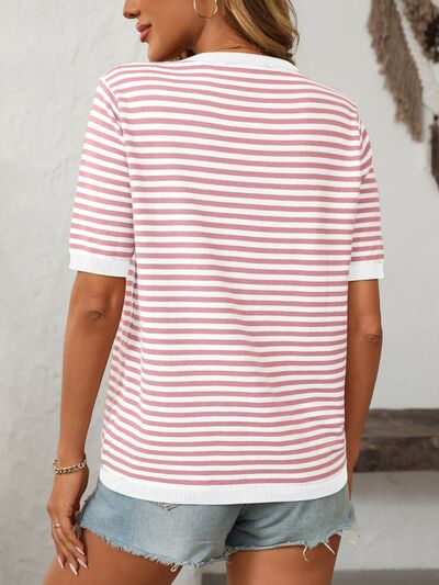 Mandy Striped Round Neck Half Sleeve Knit Top.