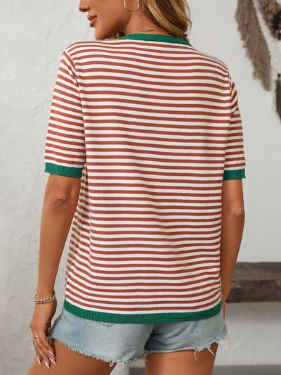 Mandy Striped Round Neck Half Sleeve Knit Top.