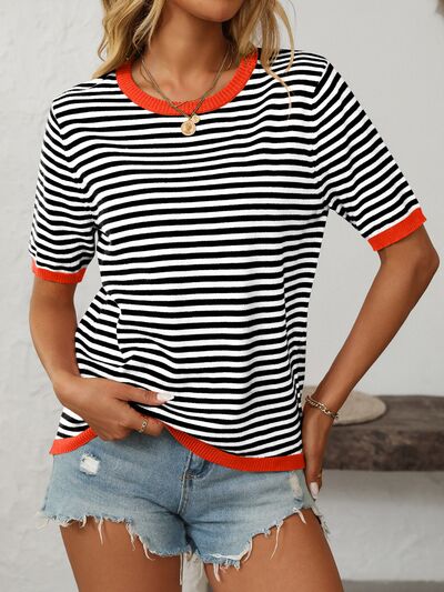 Mandy Striped Round Neck Half Sleeve Knit Top.