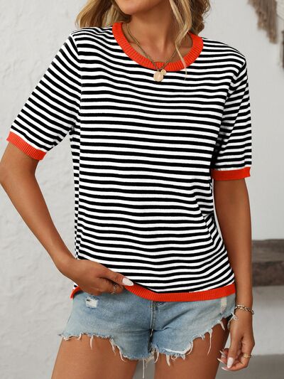 Mandy Striped Round Neck Half Sleeve Knit Top.