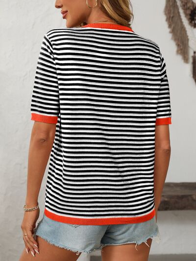 Mandy Striped Round Neck Half Sleeve Knit Top.
