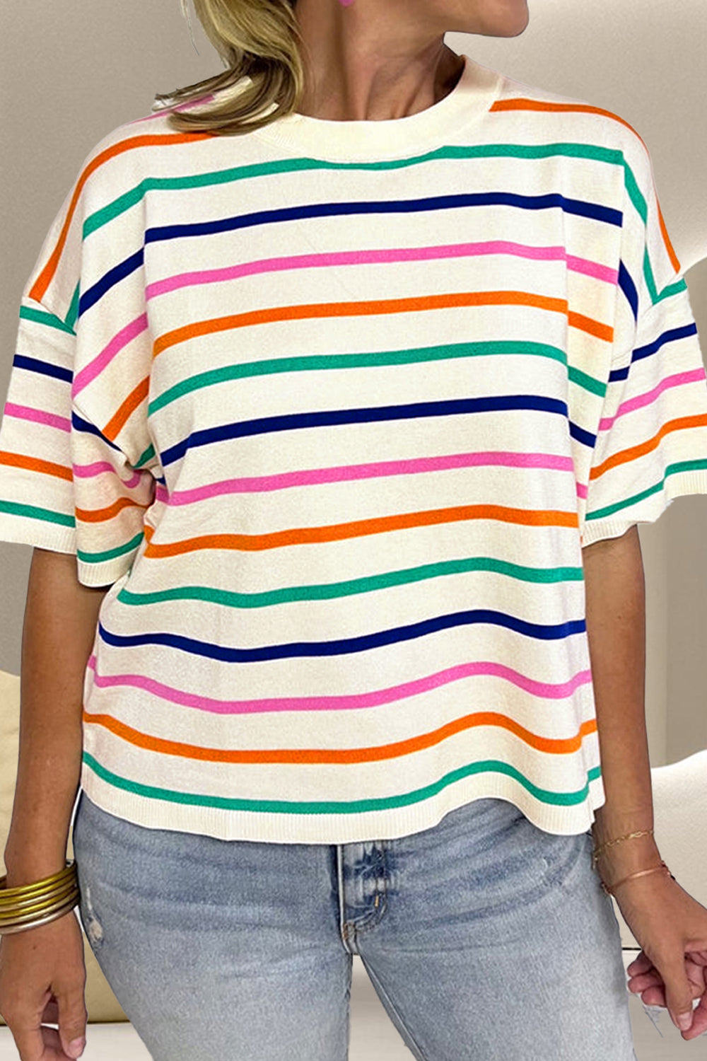 Striped Round Neck Half Sleeve Knit Top.