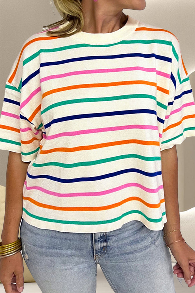 Striped Round Neck Half Sleeve Knit Top.
