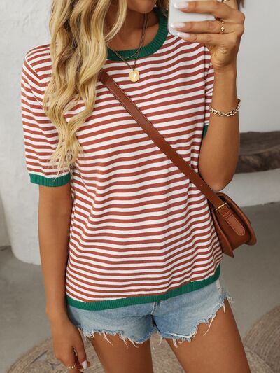 Mandy Striped Round Neck Half Sleeve Knit Top.