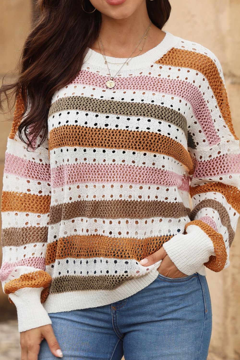Striped Round Neck Hollowed Sweater.