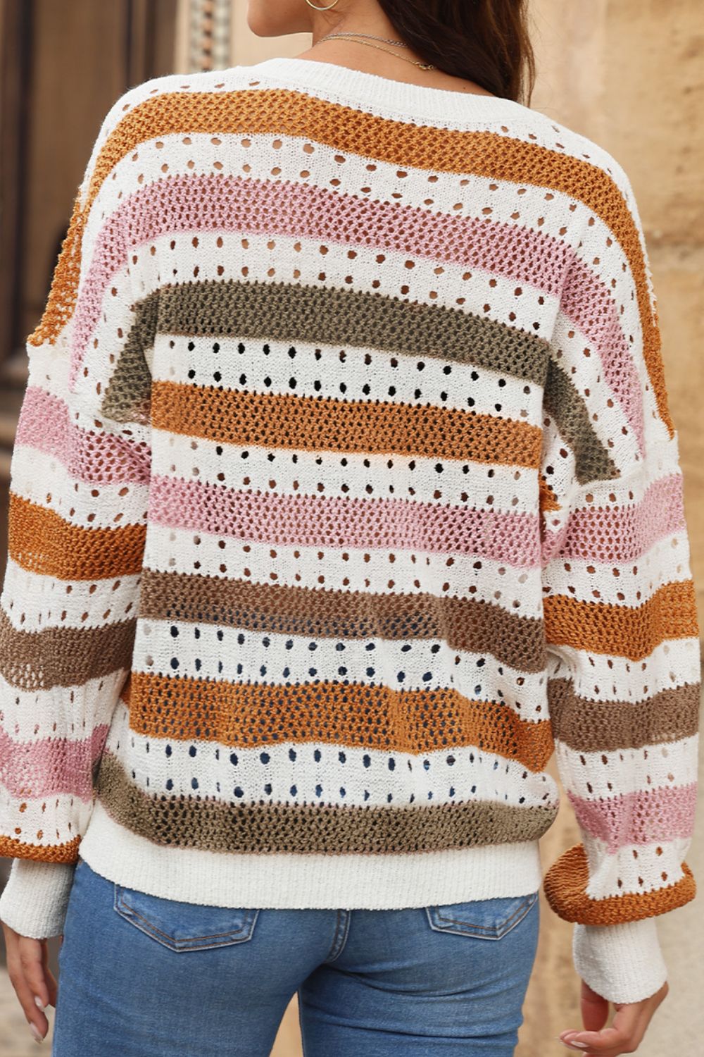 Striped Round Neck Hollowed Sweater.