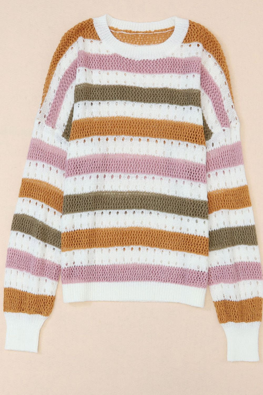Striped Round Neck Hollowed Sweater.