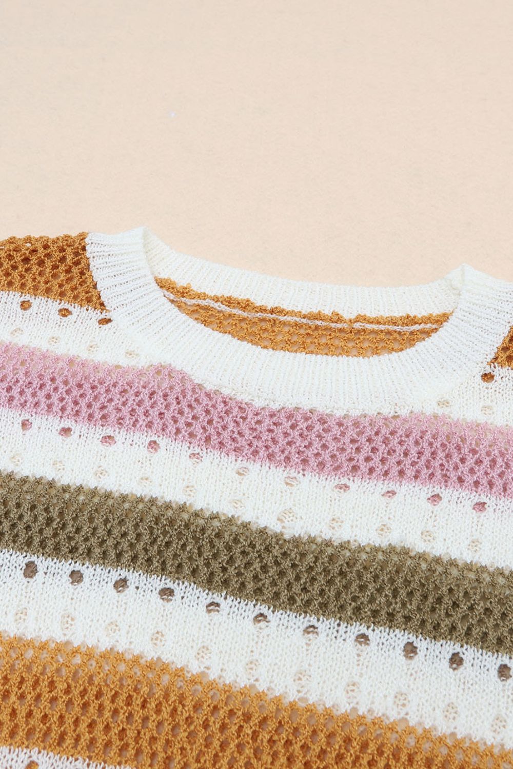Striped Round Neck Hollowed Sweater.