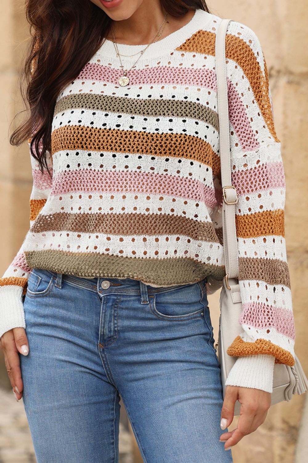 Striped Round Neck Hollowed Sweater.