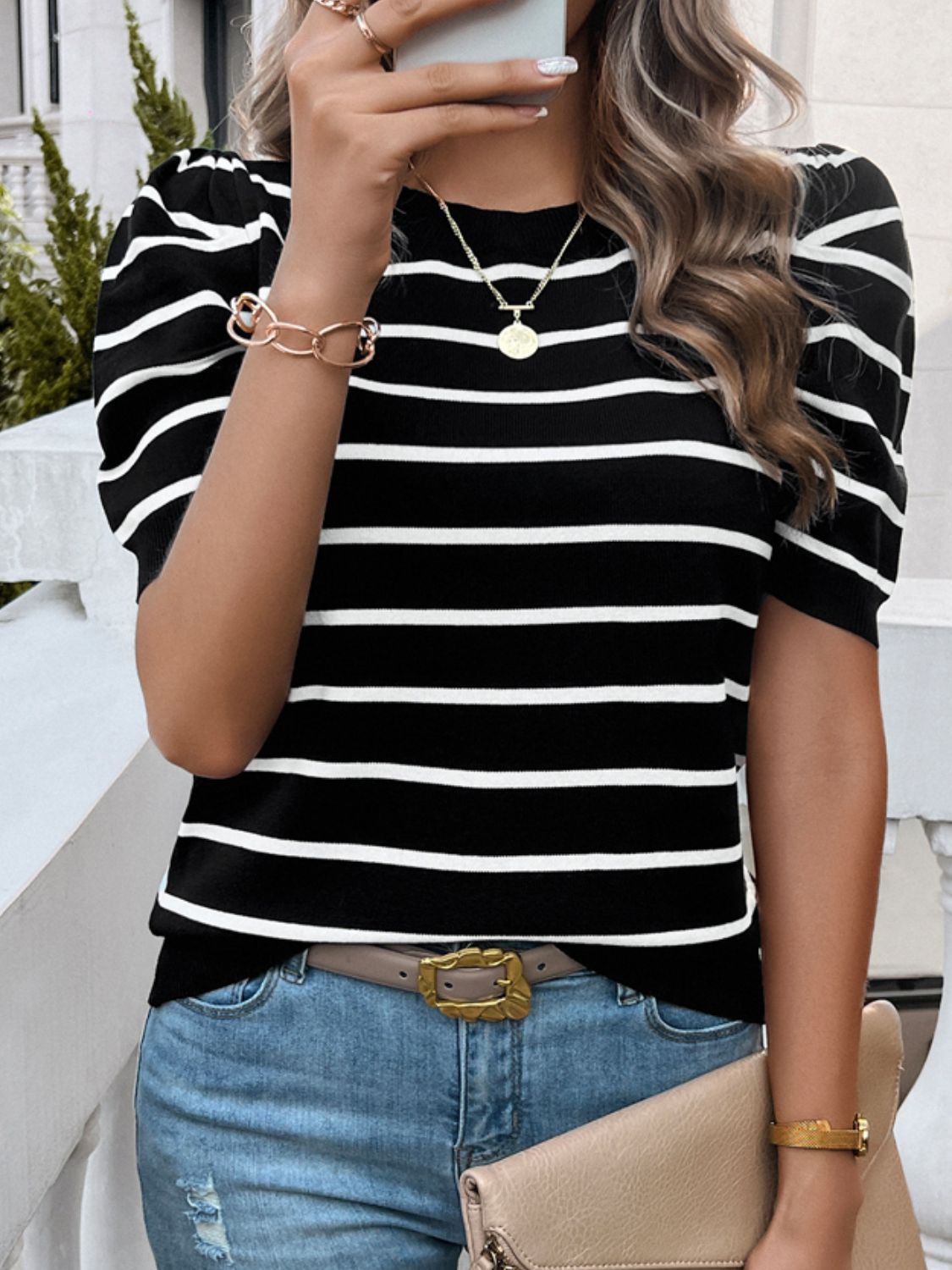Devine Striped Round Neck Puff Sleeve Knit Top.