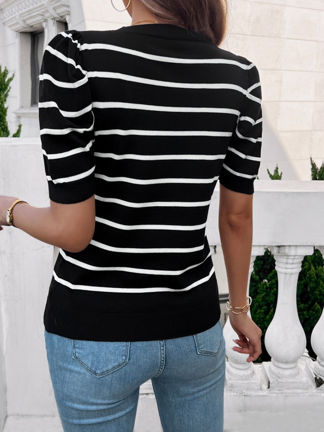 Devine Striped Round Neck Puff Sleeve Knit Top.
