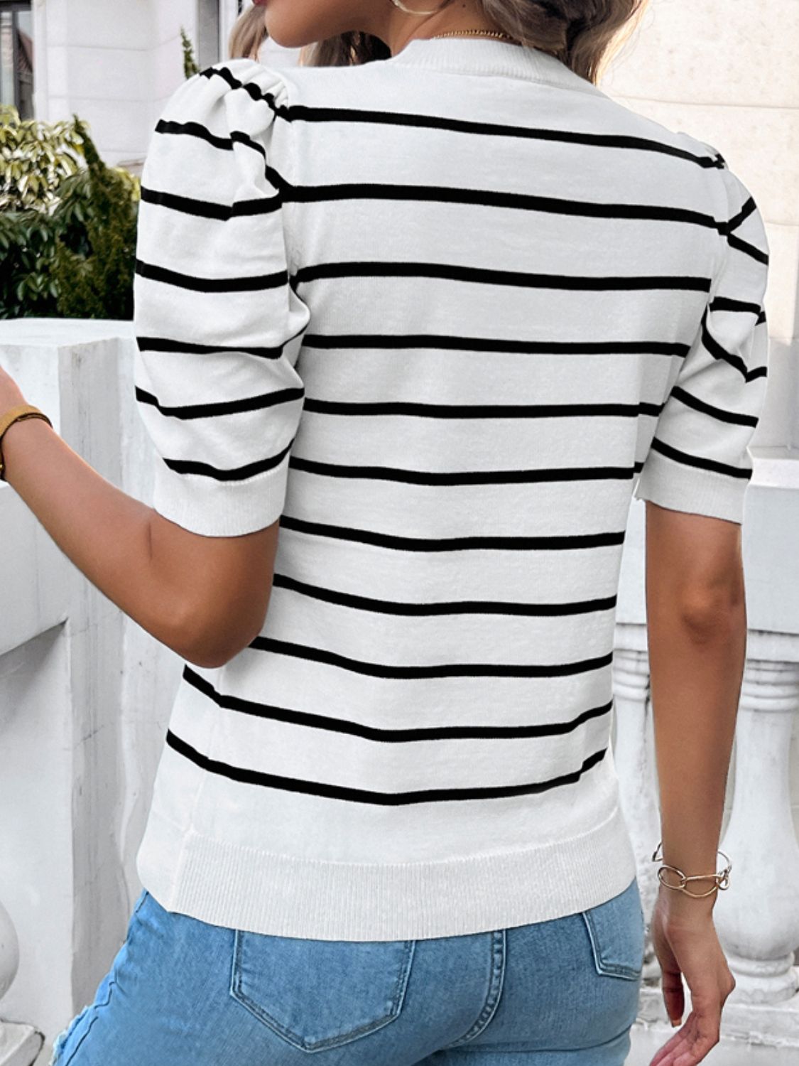 Devine Striped Round Neck Puff Sleeve Knit Top.
