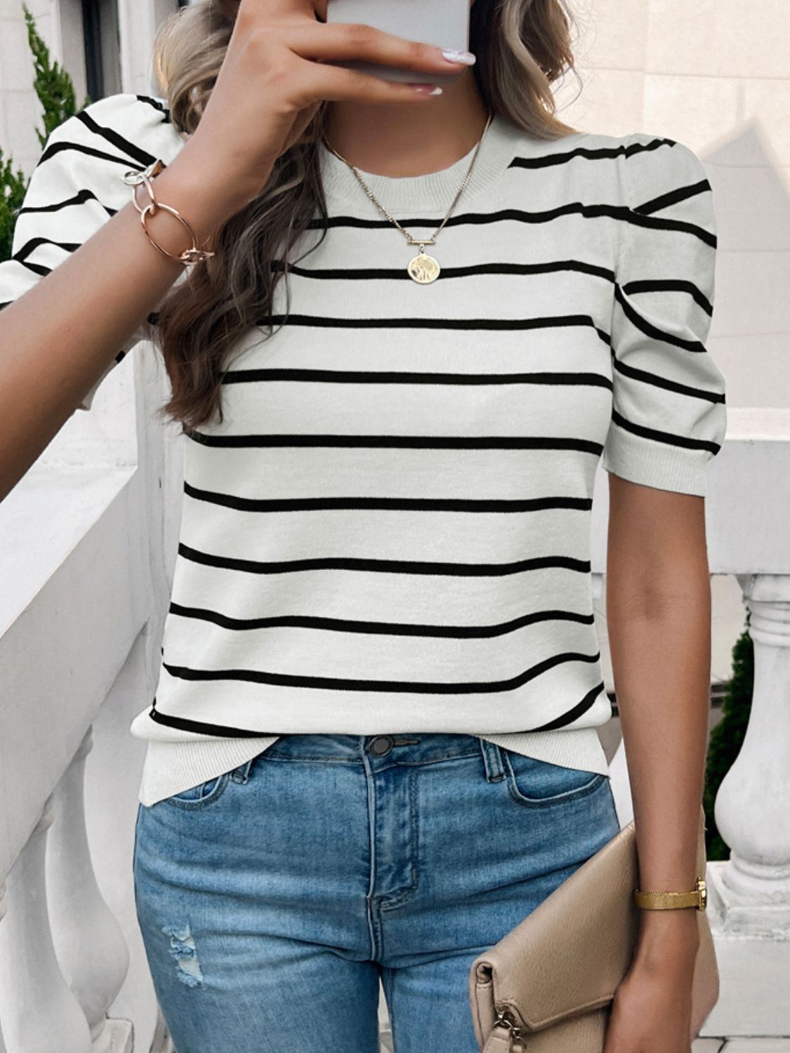 Devine Striped Round Neck Puff Sleeve Knit Top.