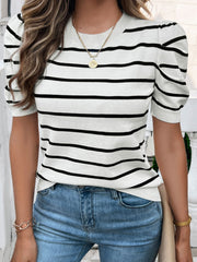 Devine Striped Round Neck Puff Sleeve Knit Top.