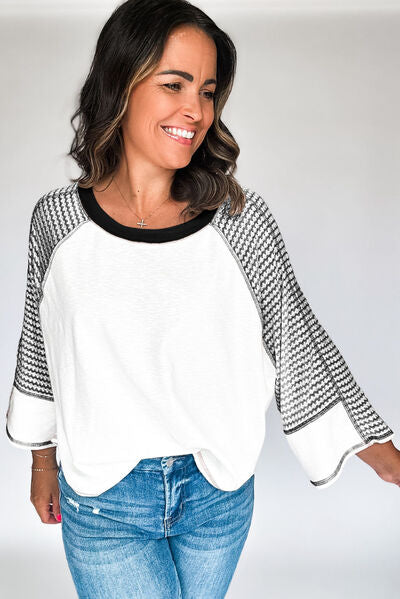 Striped Round Neck Raglan Sleeve Top.