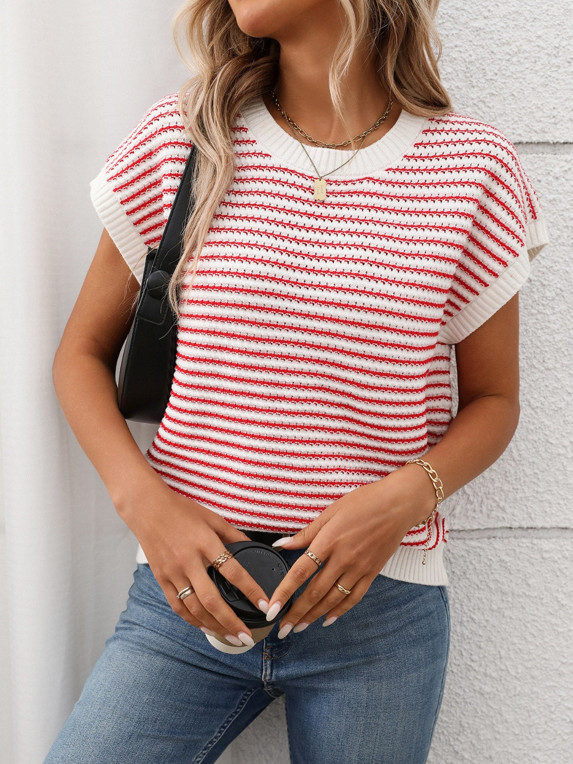 Striped Round Neck Short Sleeve Knit Top.