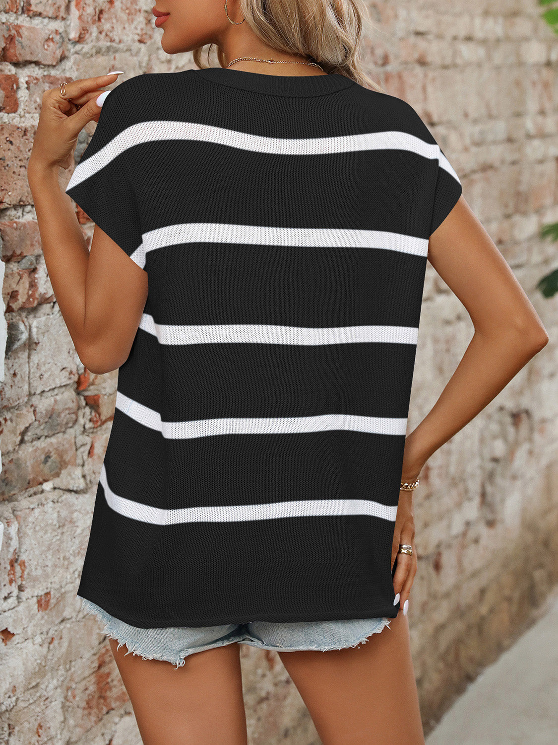 Mandy Striped Round Neck Short Sleeve Knit Top.