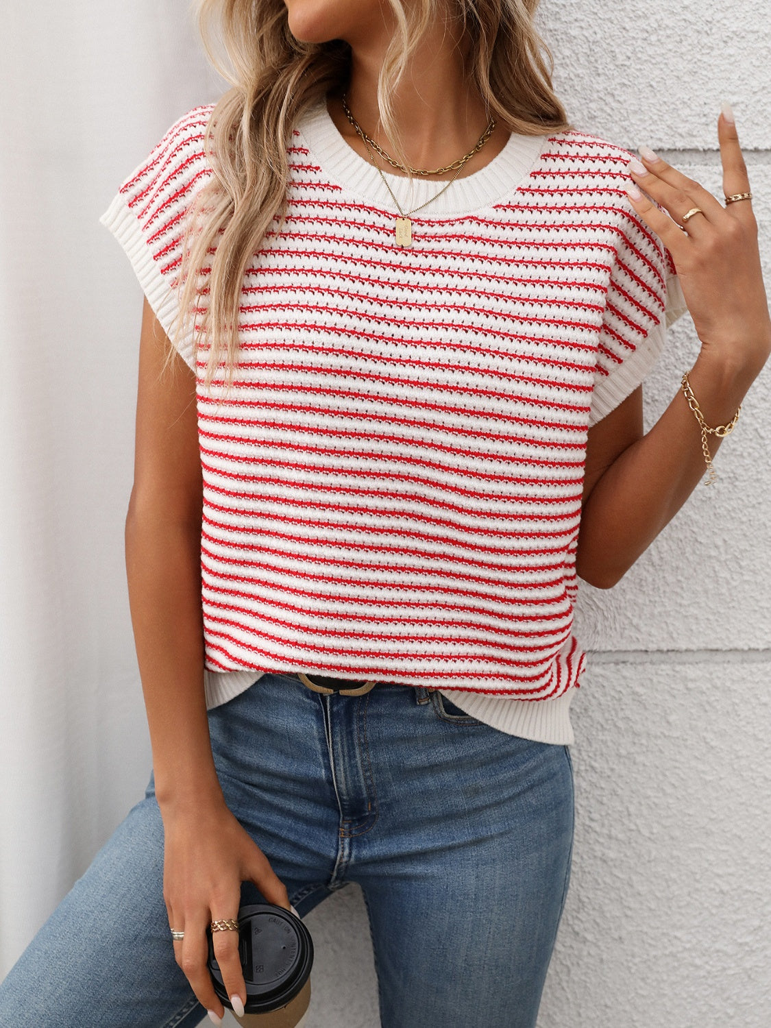 Striped Round Neck Short Sleeve Knit Top.