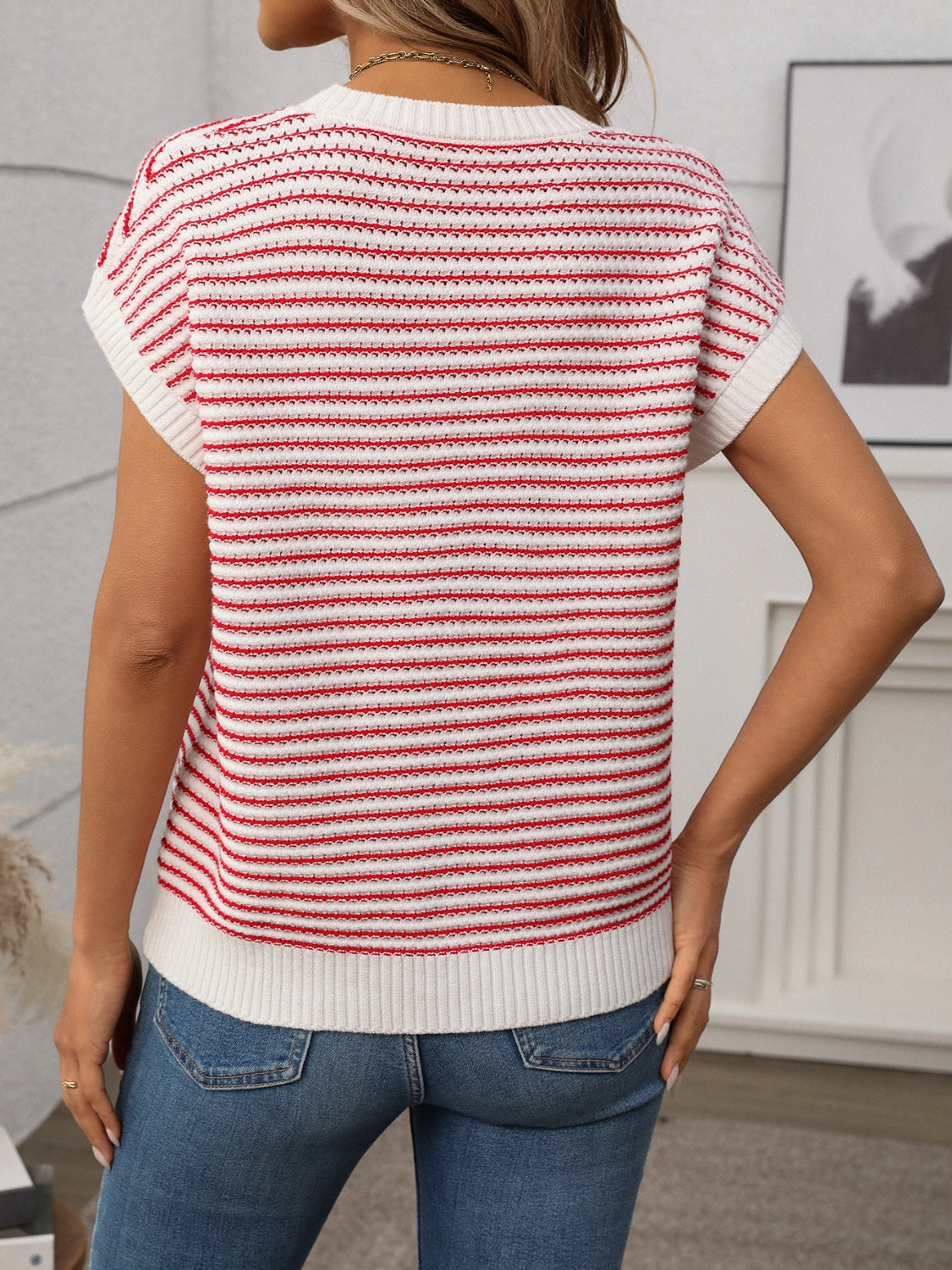 Striped Round Neck Short Sleeve Knit Top.