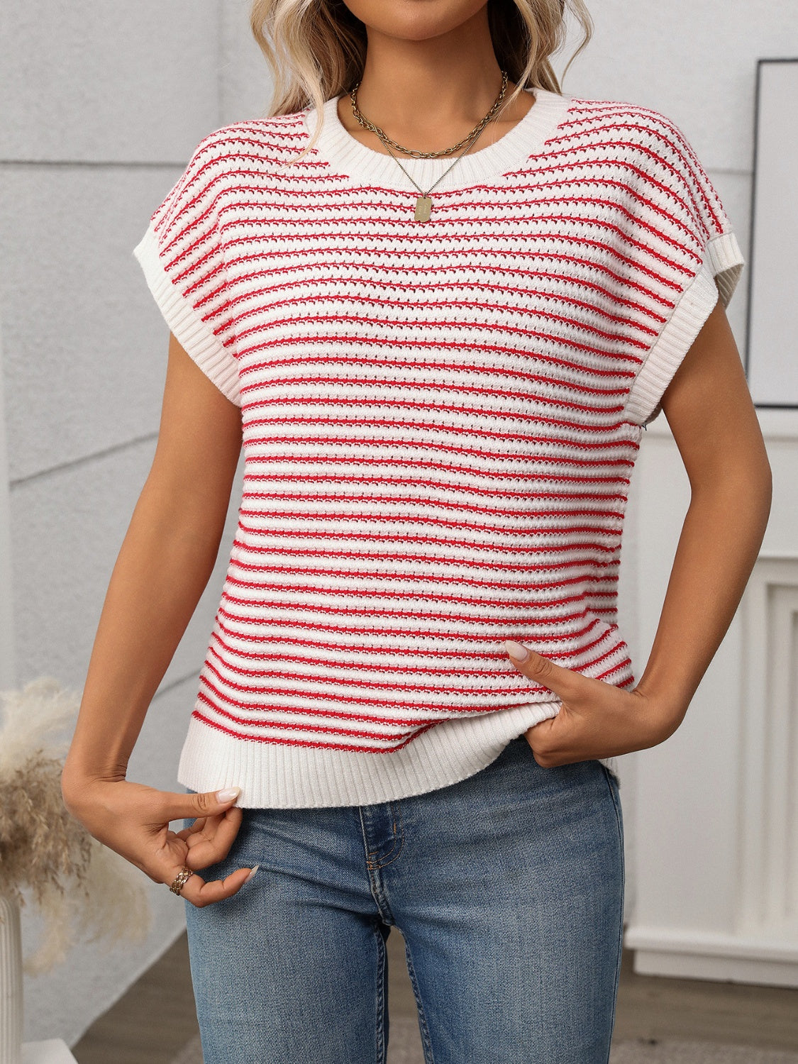 Striped Round Neck Short Sleeve Knit Top.