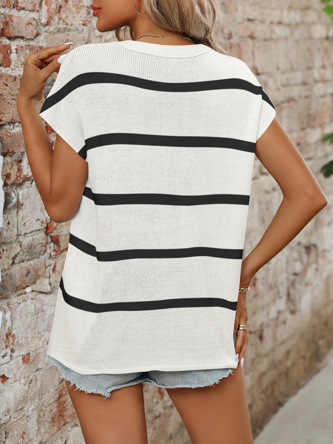 Mandy Striped Round Neck Short Sleeve Knit Top.