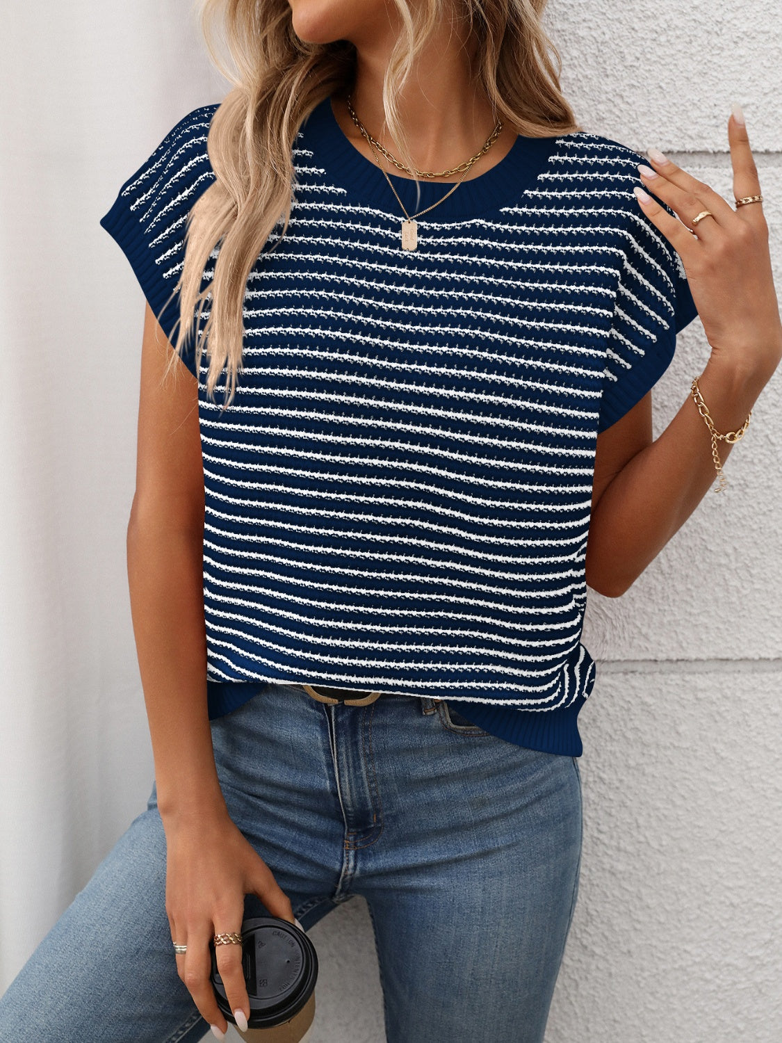 Striped Round Neck Short Sleeve Knit Top.