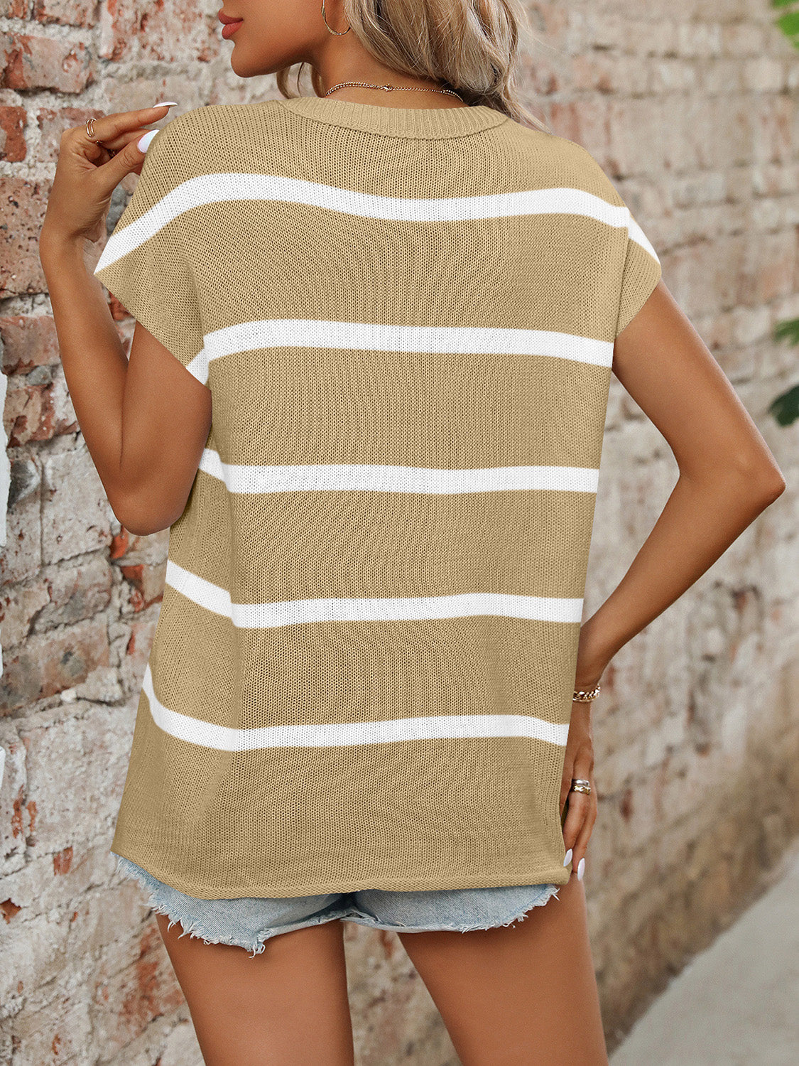 Mandy Striped Round Neck Short Sleeve Knit Top.