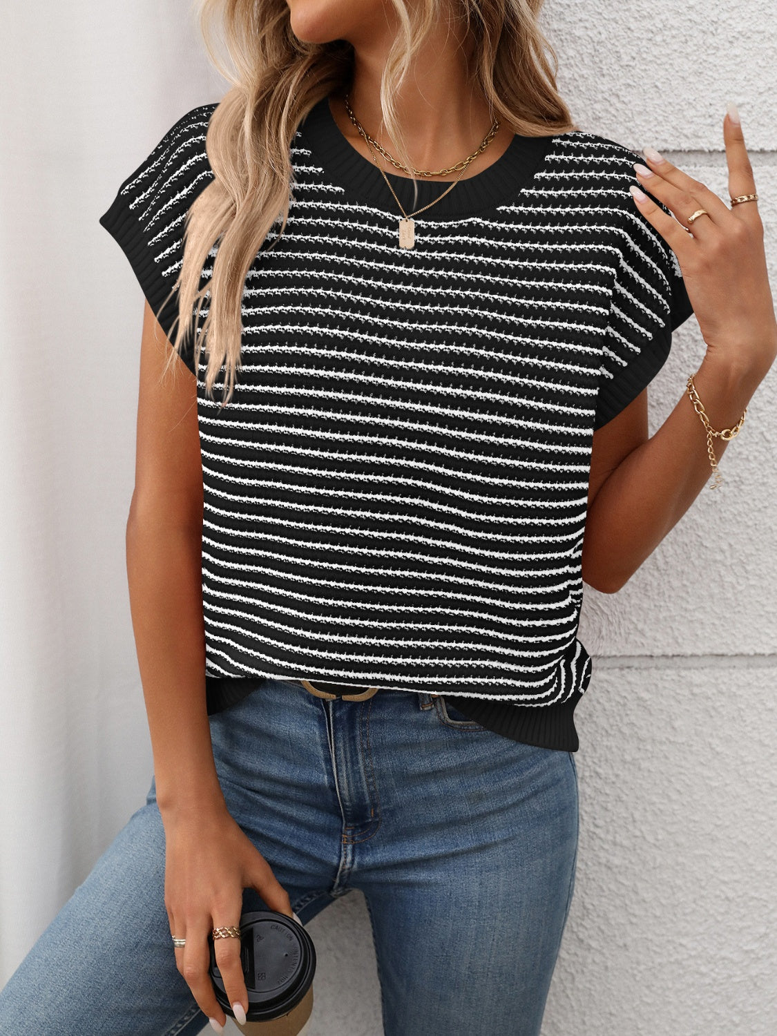 Striped Round Neck Short Sleeve Knit Top.