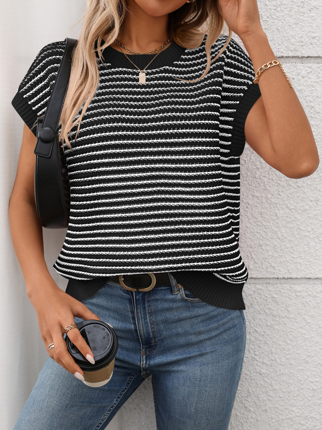 Striped Round Neck Short Sleeve Knit Top.