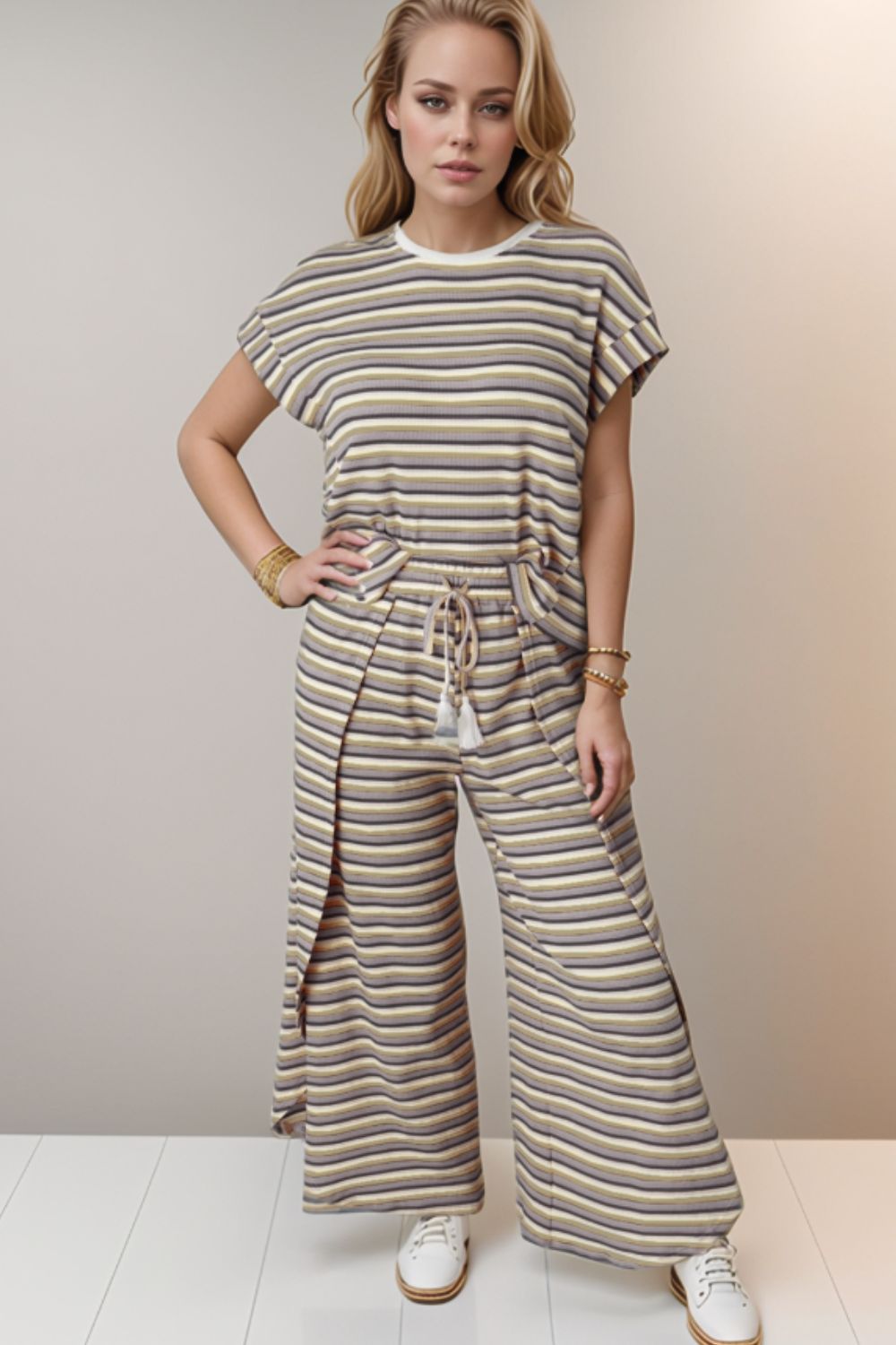 Striped Round Neck Short Sleeve Top and Pants Set.