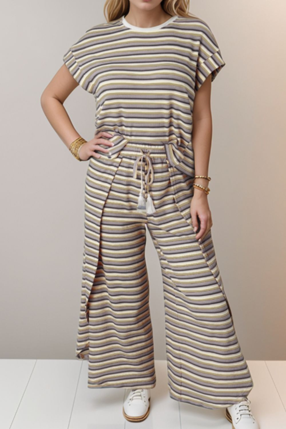 Striped Round Neck Short Sleeve Top and Pants Set.