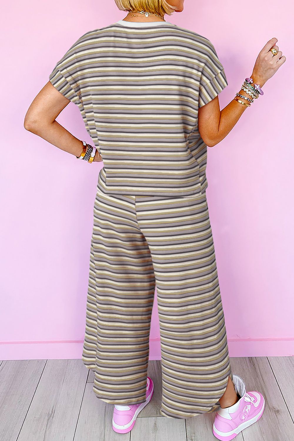 Striped Round Neck Short Sleeve Top and Pants Set.