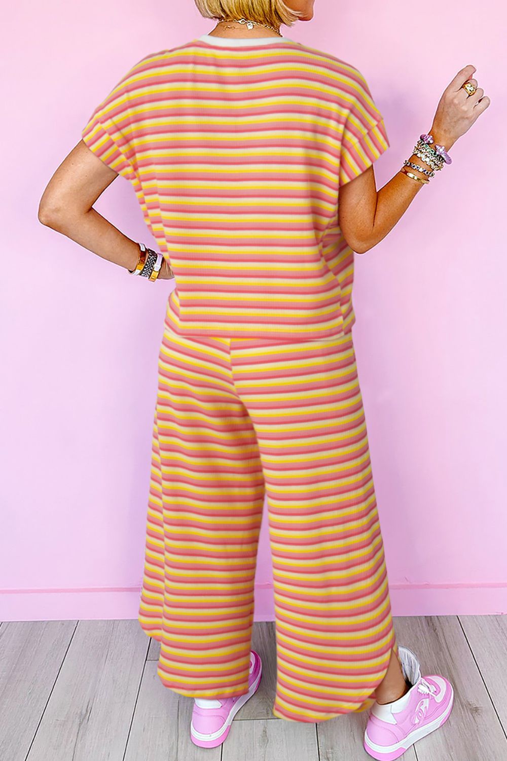 Striped Round Neck Short Sleeve Top and Pants Set.