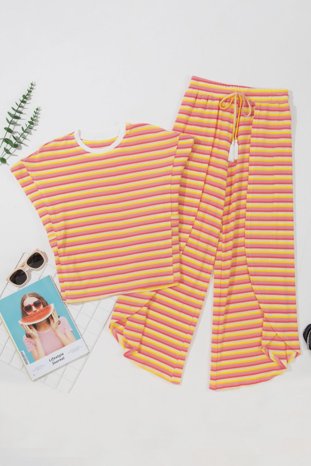 Striped Round Neck Short Sleeve Top and Pants Set.