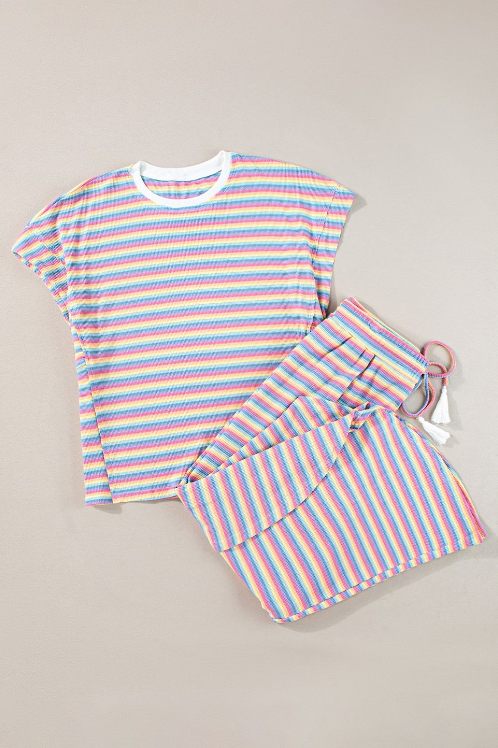 Striped Round Neck Short Sleeve Top and Pants Set.
