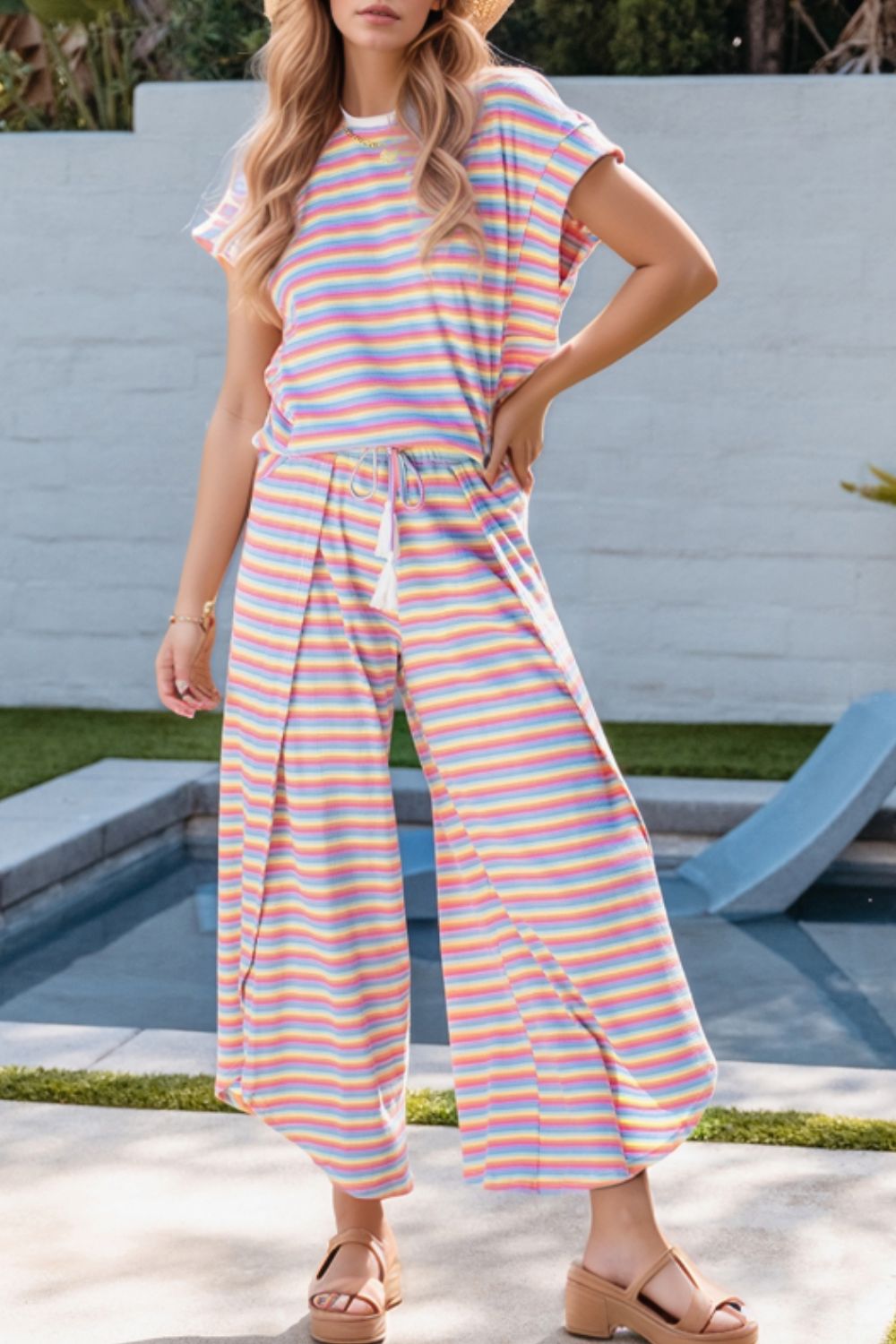 Striped Round Neck Short Sleeve Top and Pants Set.