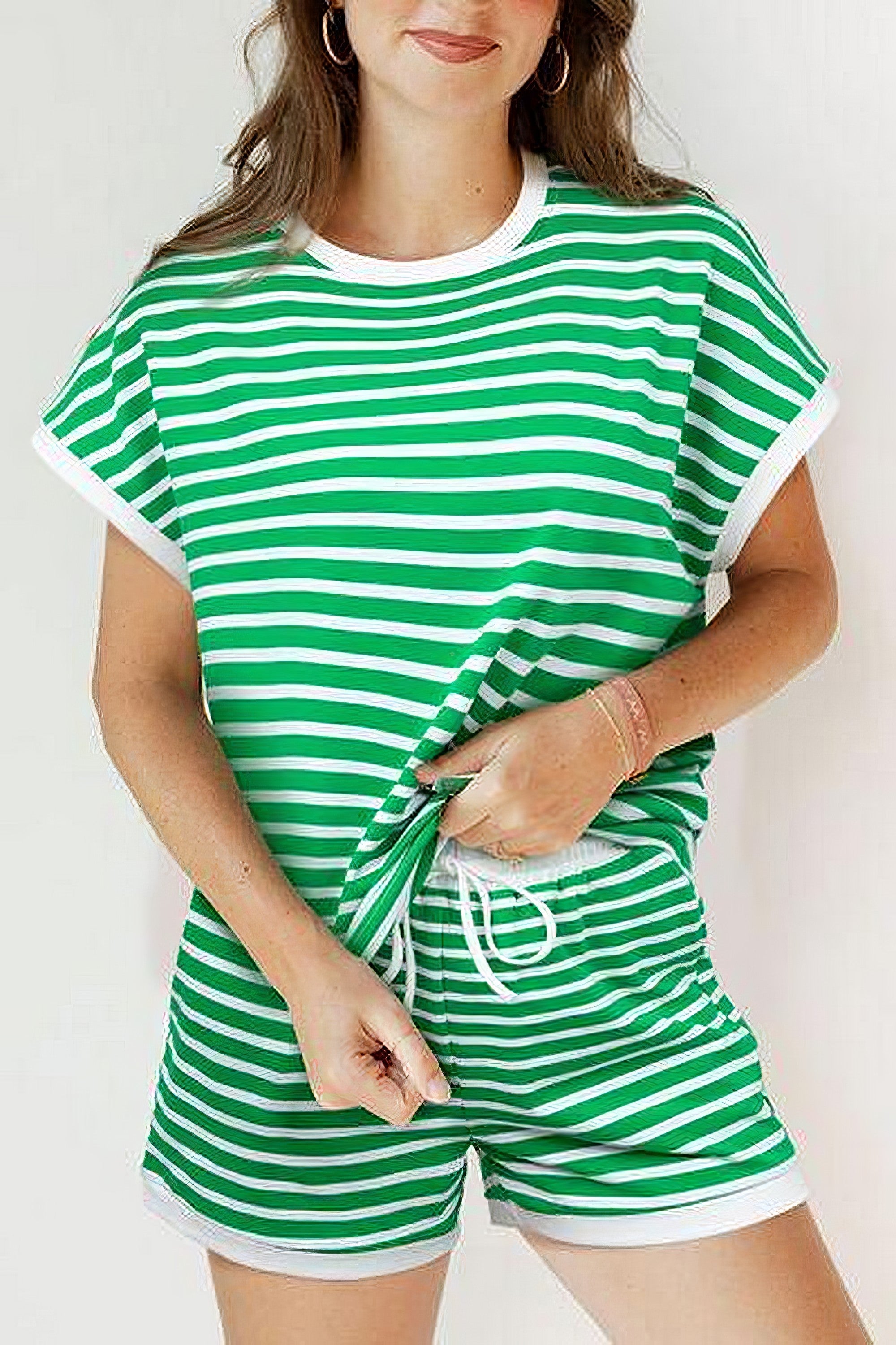 Women's striped round neck short sleeve top and shorts set