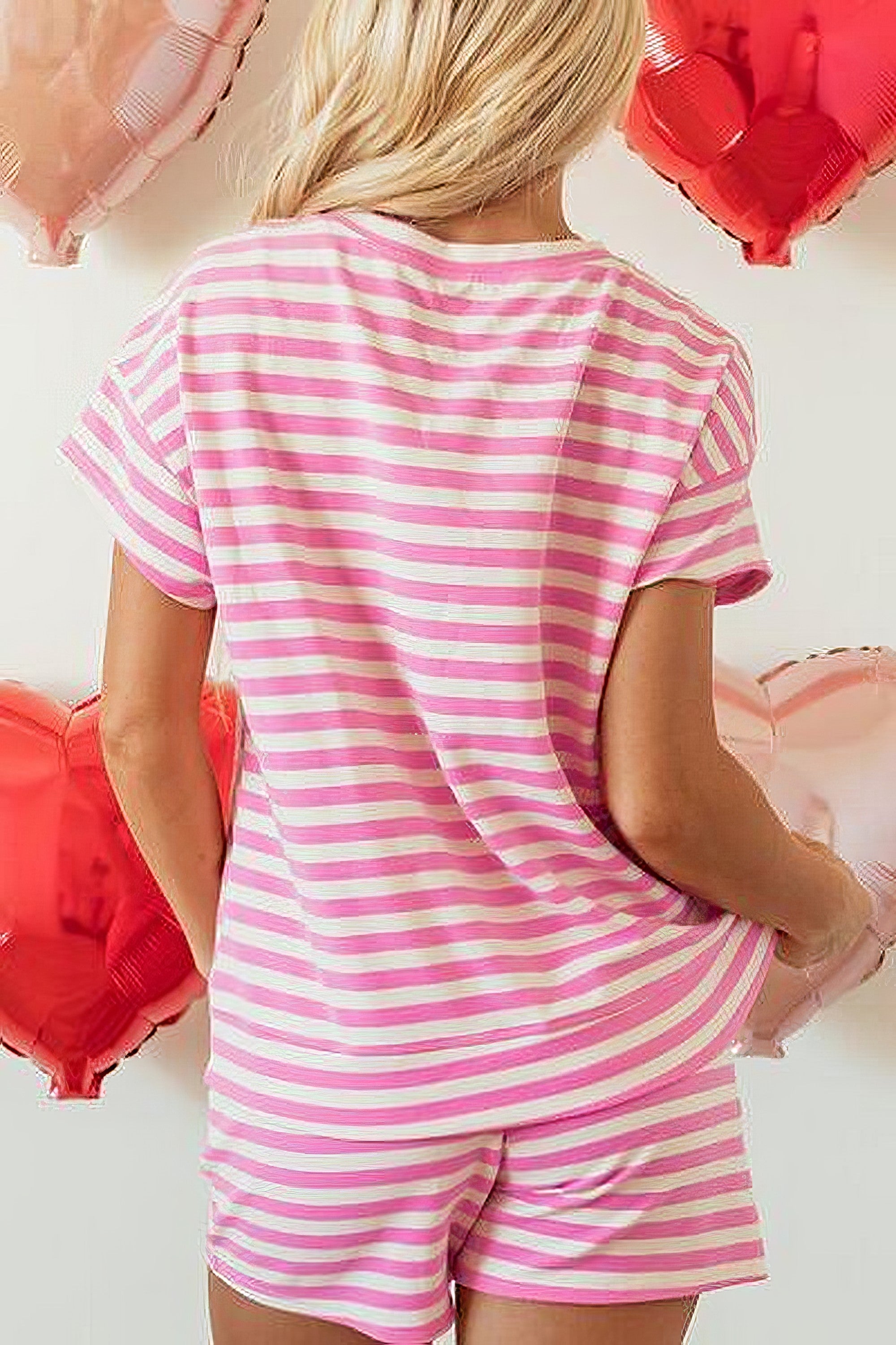 Women's striped round neck t-shirt and drawstring shorts set