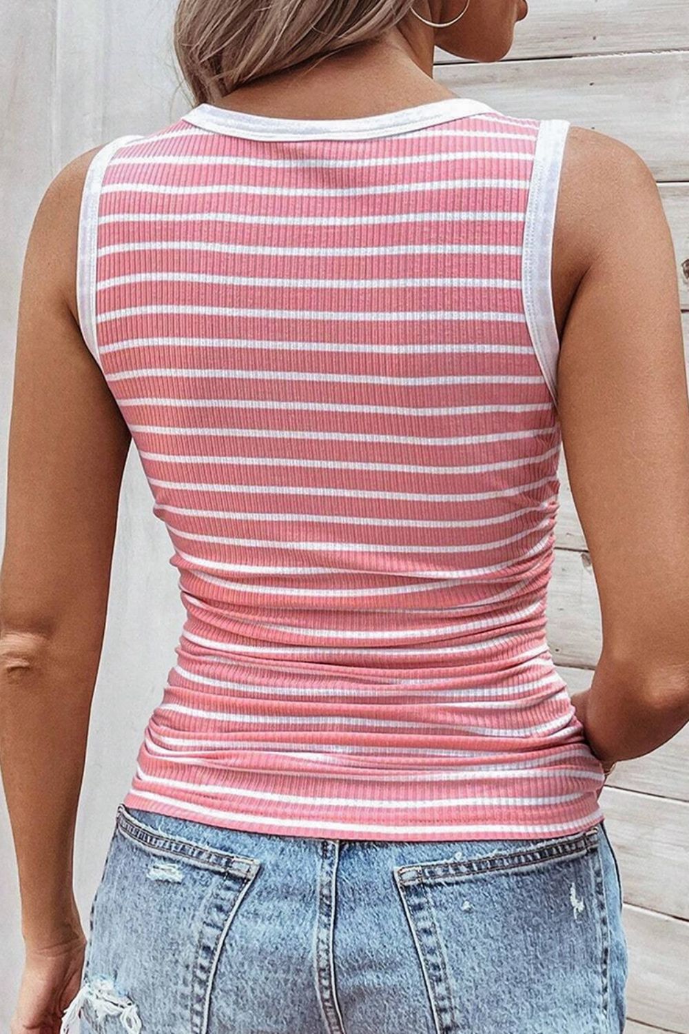 Striped round neck tank, opaque and slightly stretchy.