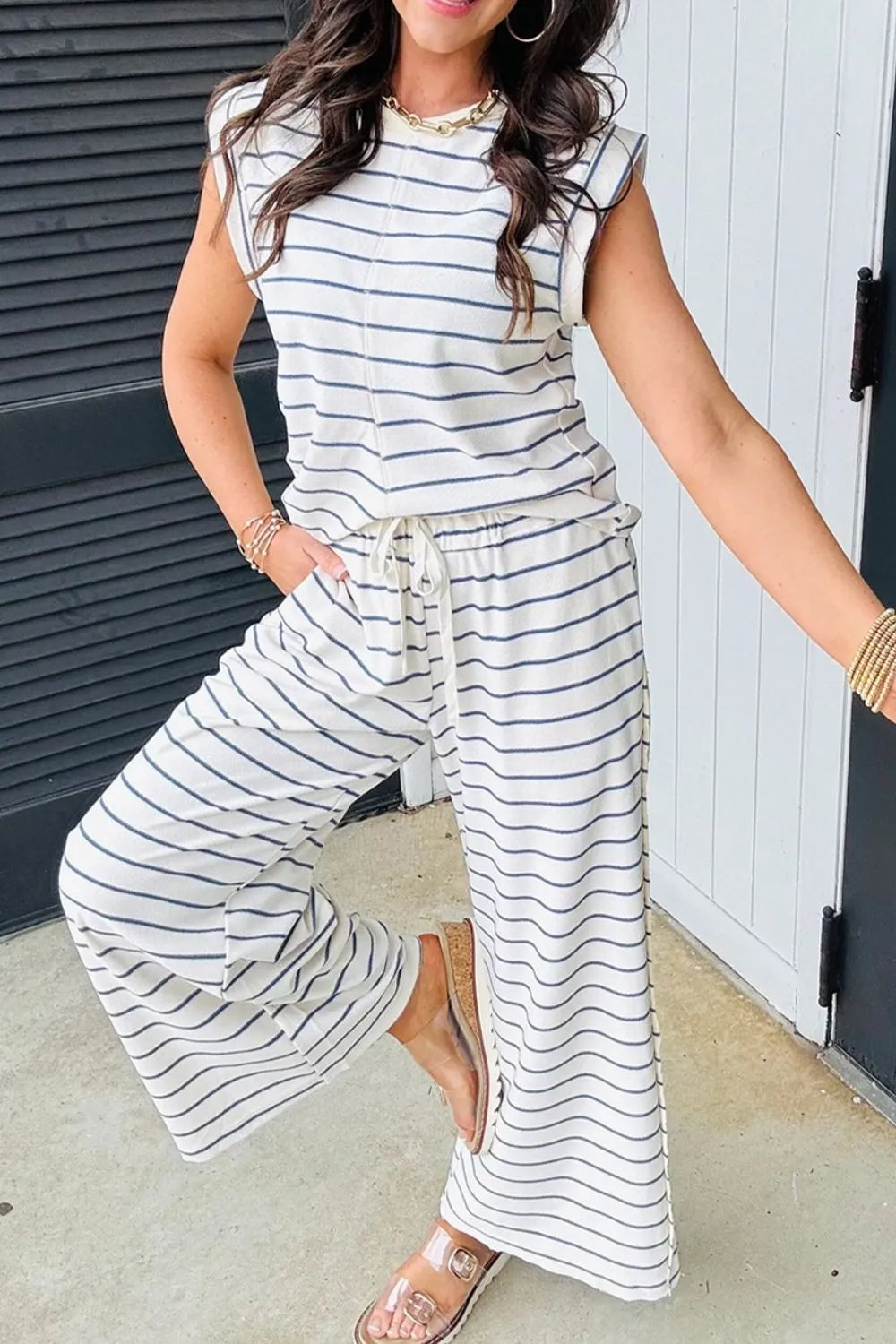 Striped Round Neck Top and Pants Set.