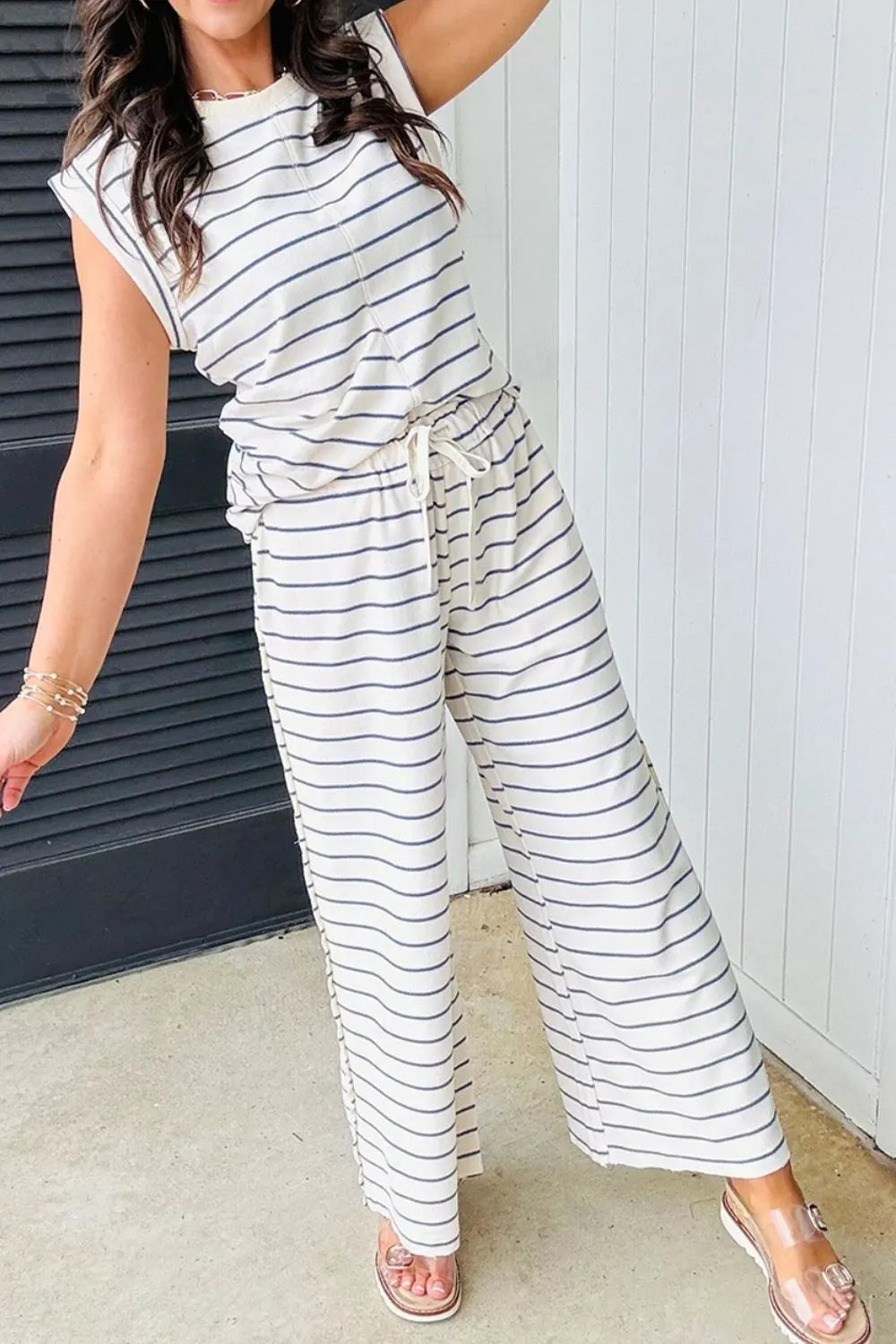 Striped Round Neck Top and Pants Set.
