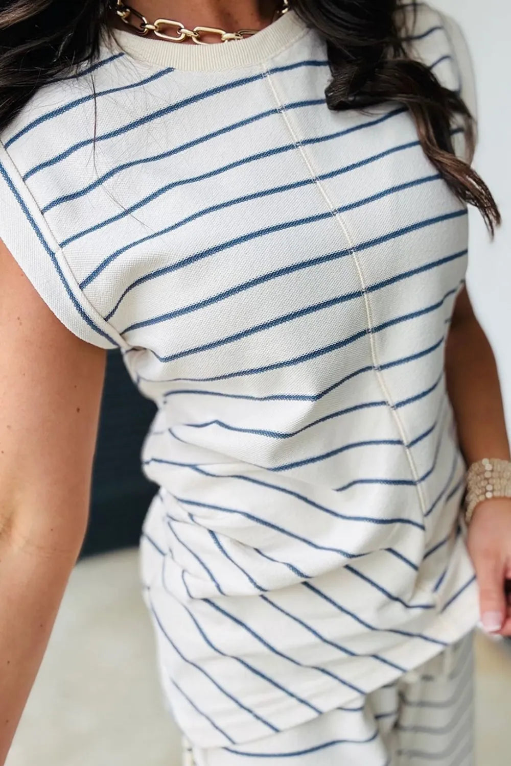 Striped Round Neck Top and Pants Set.