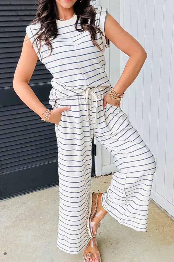 Striped Round Neck Top and Pants Set.