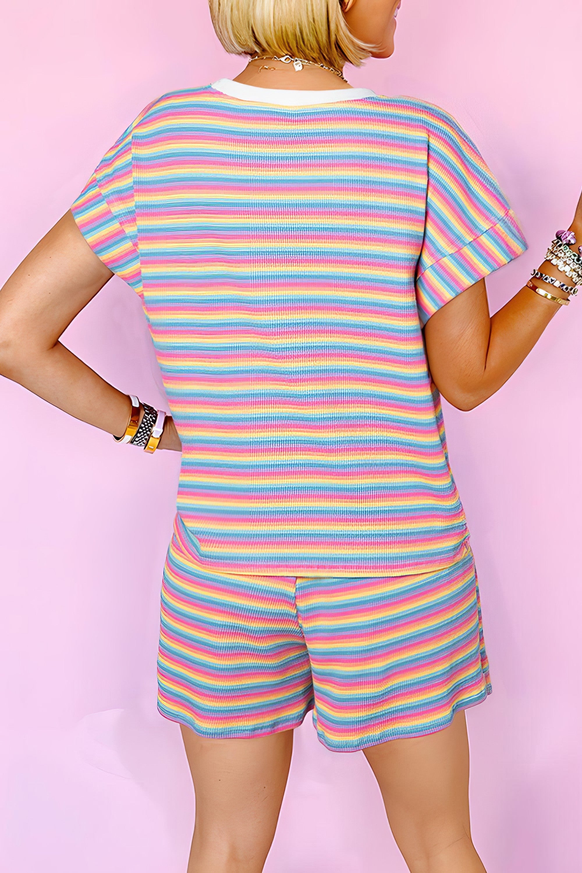 Women's striped round neck top and shorts set with drawstring