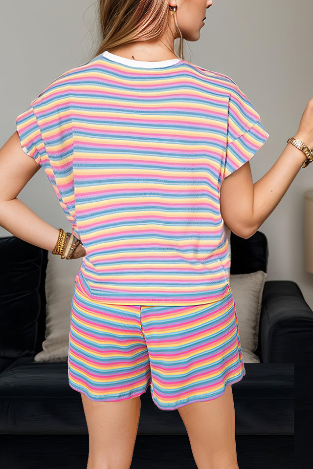 Women's striped round neck top and shorts set with drawstring