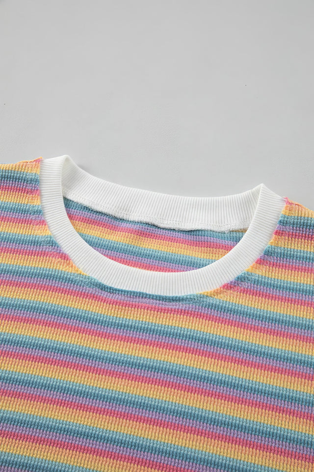 Women's striped round neck top and shorts set with drawstring