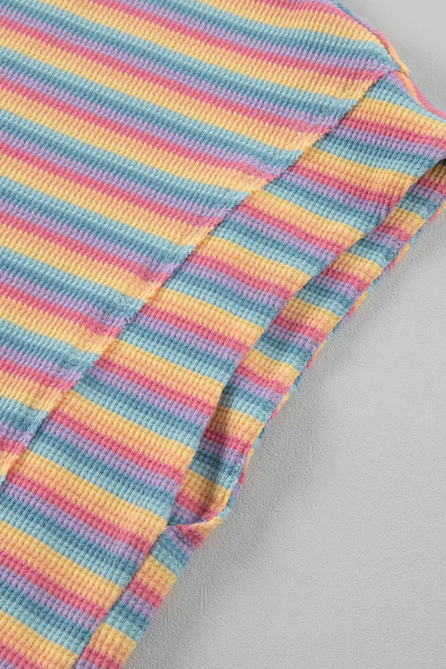 Women's striped round neck top and shorts set with drawstring