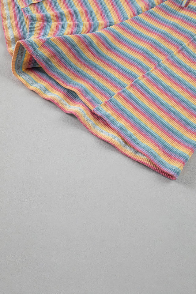 Women's striped round neck top and shorts set with drawstring