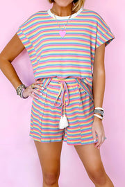 Women's striped round neck top and shorts set with drawstring