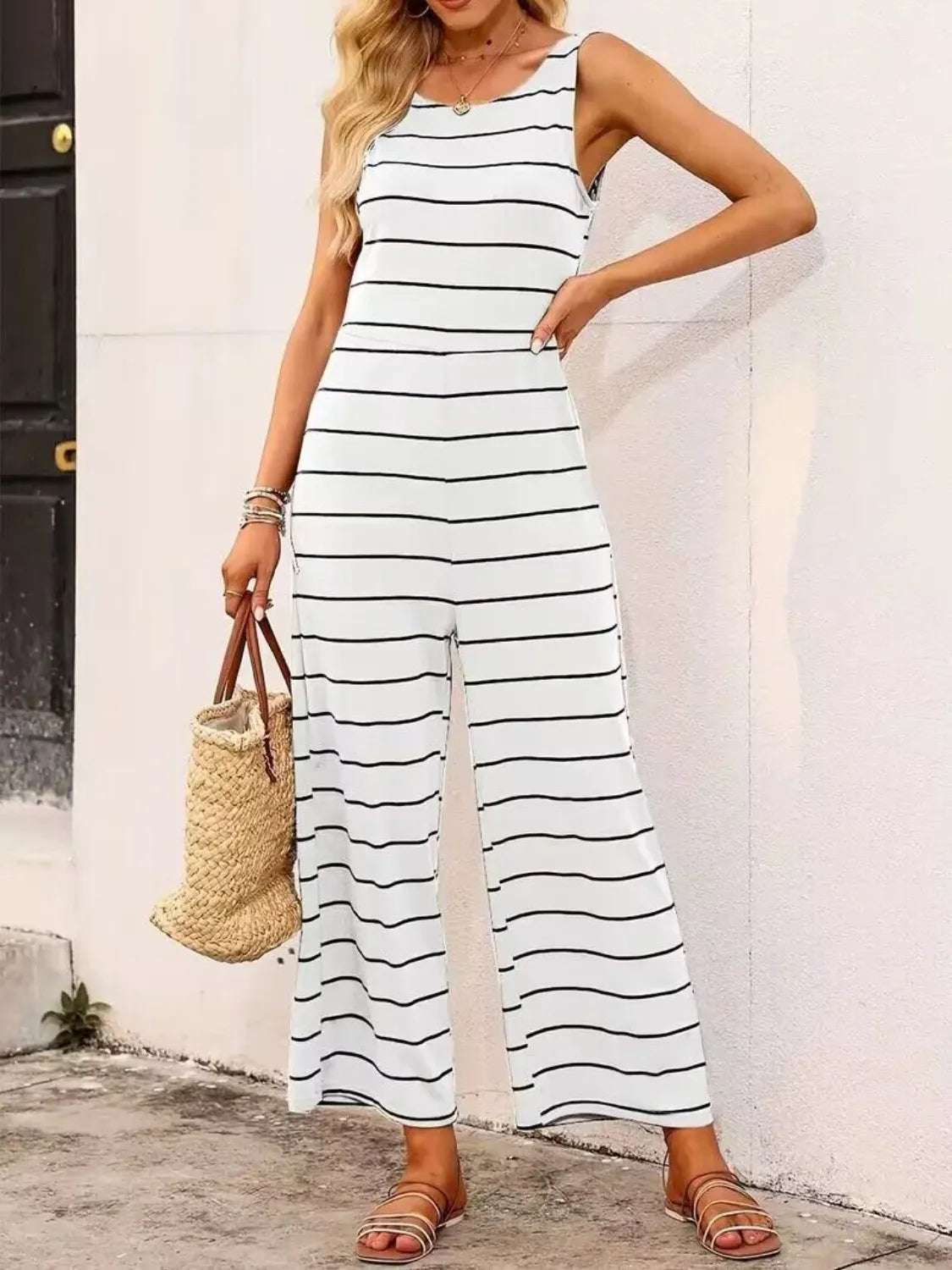 Striped Round Neck Wide Leg Jumpsuit.